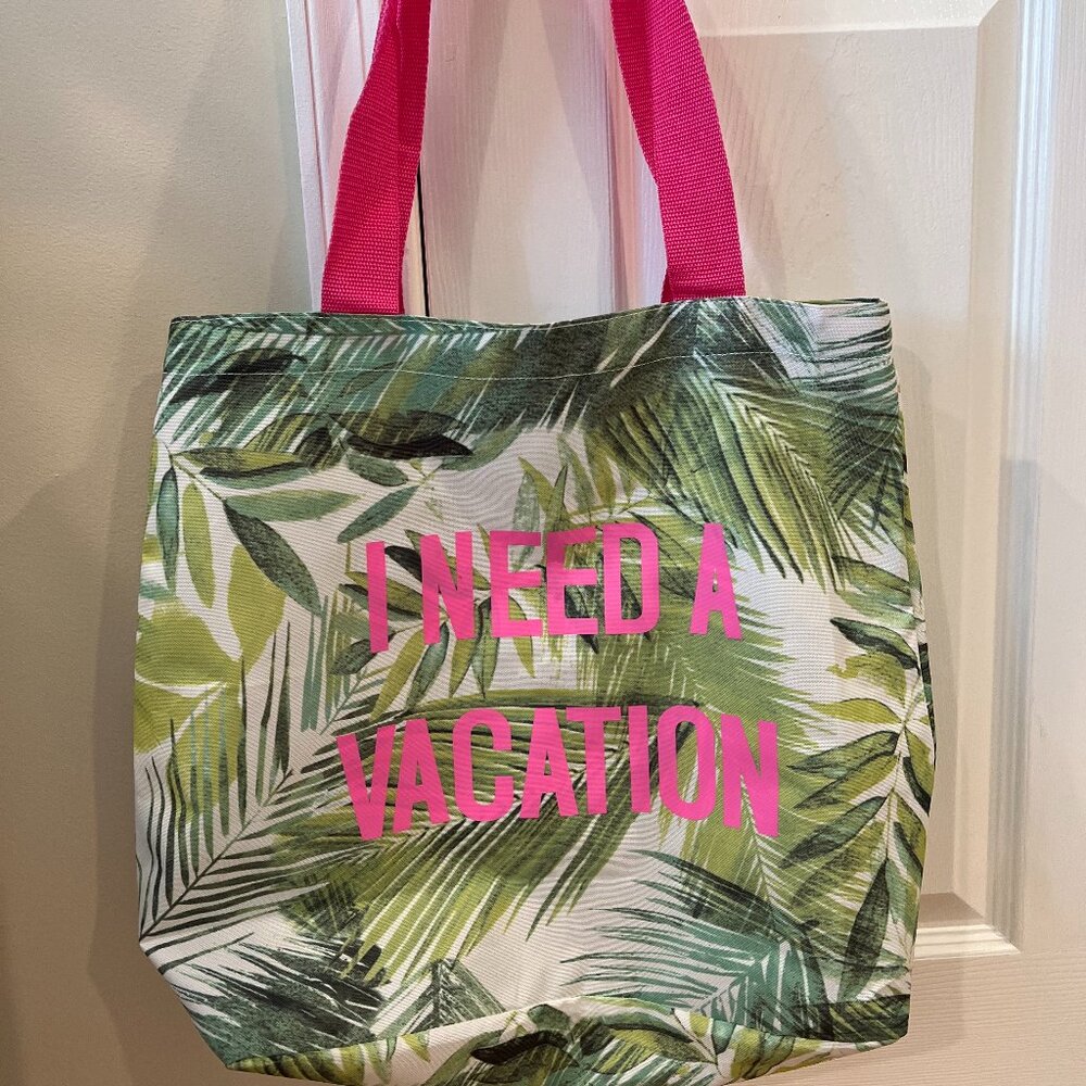 🌴 Like New Canvas Palm Leaf Tote - “I Need a Vacation” Beach Bag